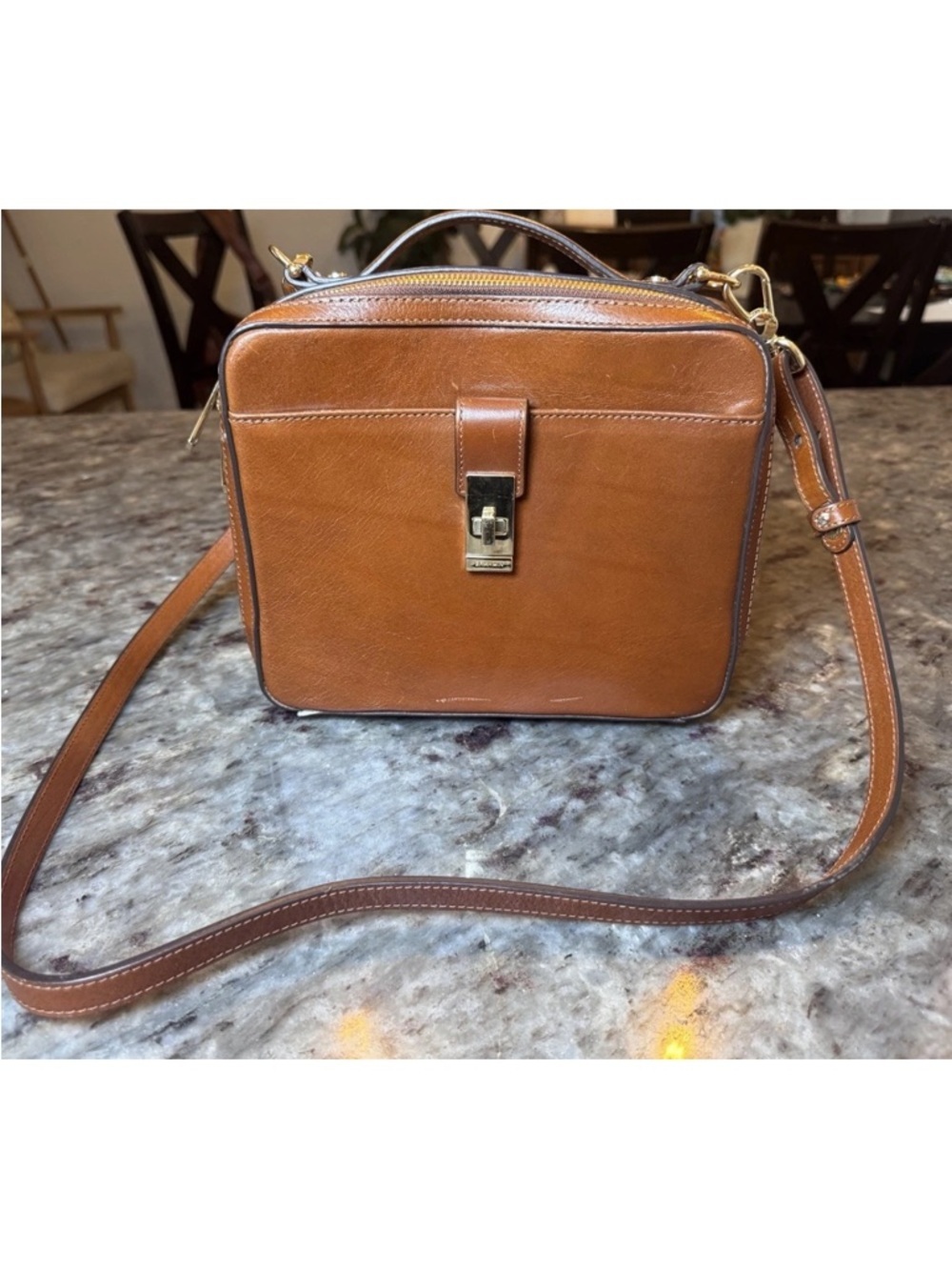 Brahmin Evie Purse Whiskey Topsail Box Crossbody Brown Classy Preppy Old Money